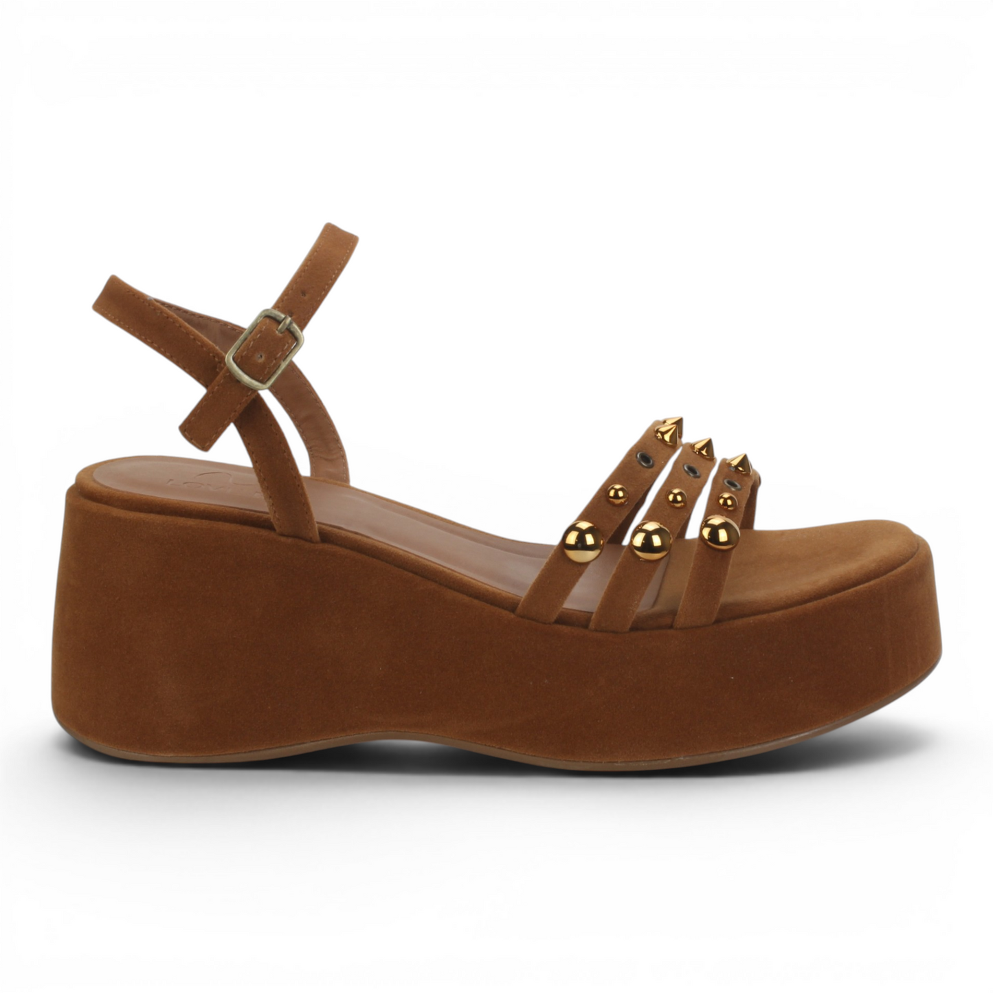 Love Rio Studded Suede Platform Wedge Sandal - Whiskey
